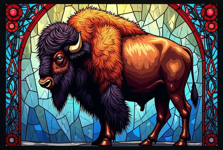 Stained glass image of an American bison with multicolored patterns