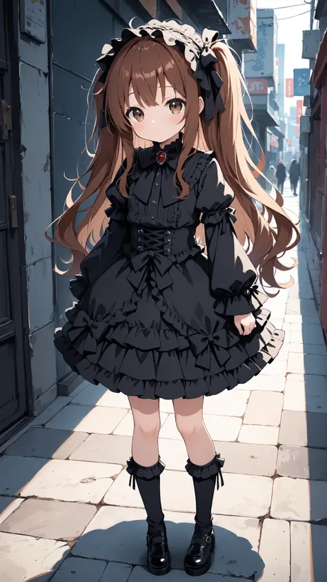  top quality， long brown hair， messy hair， brown eyes， zitoida， eyes with highlights ， 1 girl， very young girl， gothic lolita ， walk around the city