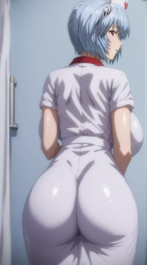 (UHD, retina, masterpiece, accurate, anatomically correct, super detail, high details,    highres, 1080P, 16k:1.3)、 (Ayanami Rei:1.3)、 short hair, light blue hair、(gigantic breasts:1.1)、(shiny skin:1.3)、(Nurse’s Uniform:1.3)、(Gigantic ass、tight waist、thin ...