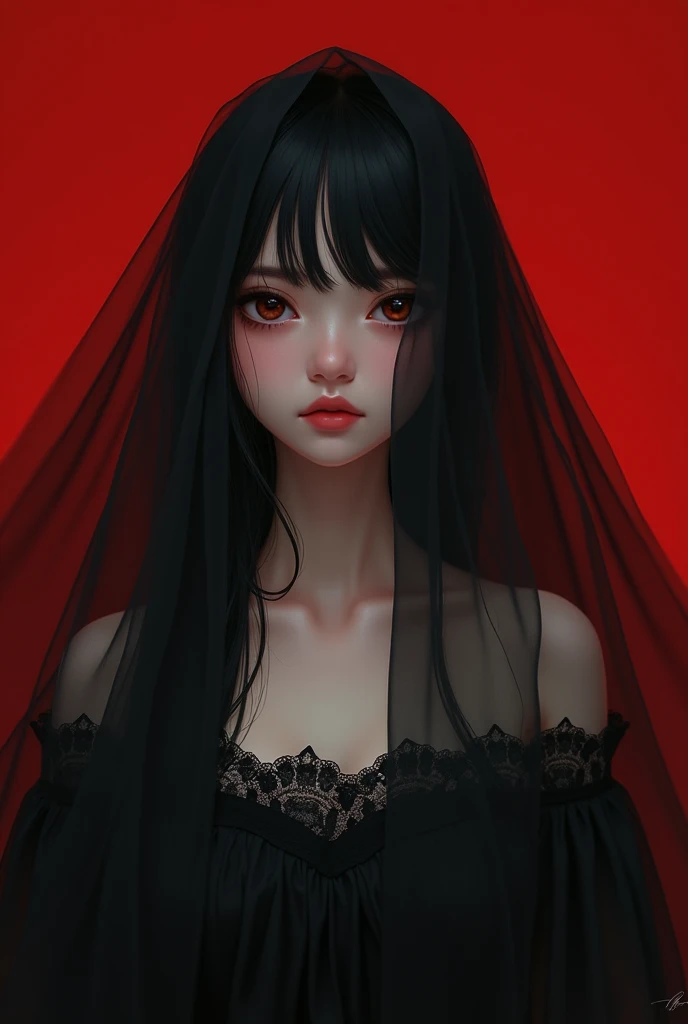 Anime semi realistic girl with black veil with lace border on red background 