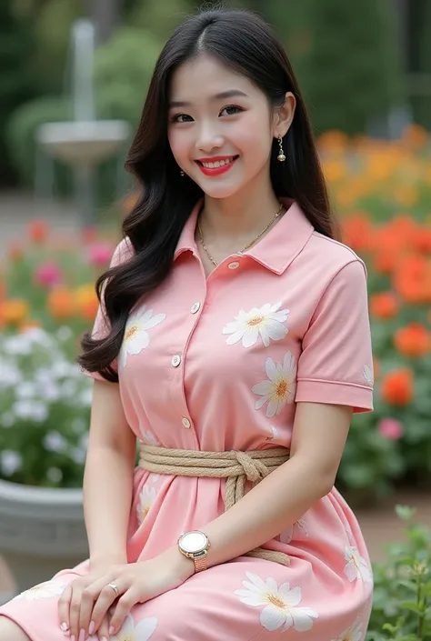 beautiful Asian woman, chubby but sexy, soft white skin, big hips,medium breast,sweet smile,wearing pink with white floral of short sleeve fitted polo flitted balldress with whit bottons, with wide black rubber on waist,,yellow brasserie inside,white sanda...