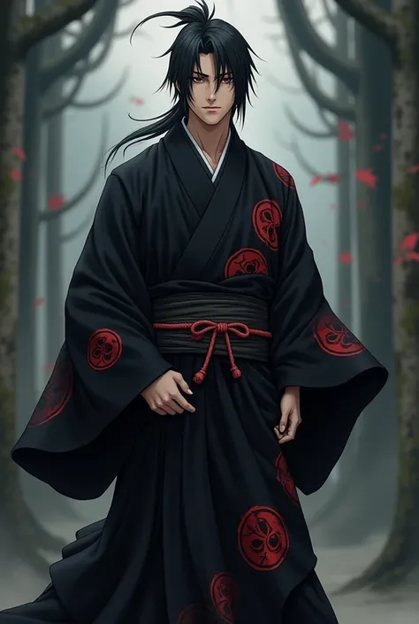 Do the Jujutsu Kaisen fushiguro wearing a black kimono with symbols of the Uchiha clan in red across the kimono 