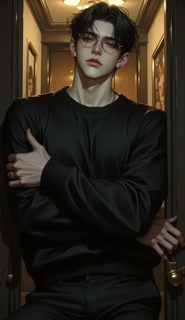 Uma ilustração em aquarela semi-realista em estilo anime de of Kieran Blake leaning against a doorframe, his arms crossed tightly over his chest. His Korean features—sharp monolid eyes, a defined yet slightly angular jawline, high cheekbones, and naturally...