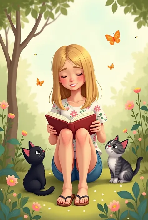 
 Create a whimsical book illustration,  where an adorable 26-year-old woman is sitting in an enchanting garden reading a book .  She has straight blond hair at the height From the shoulder and wear a flowery blouse over comfortable denim shorts and slippe...