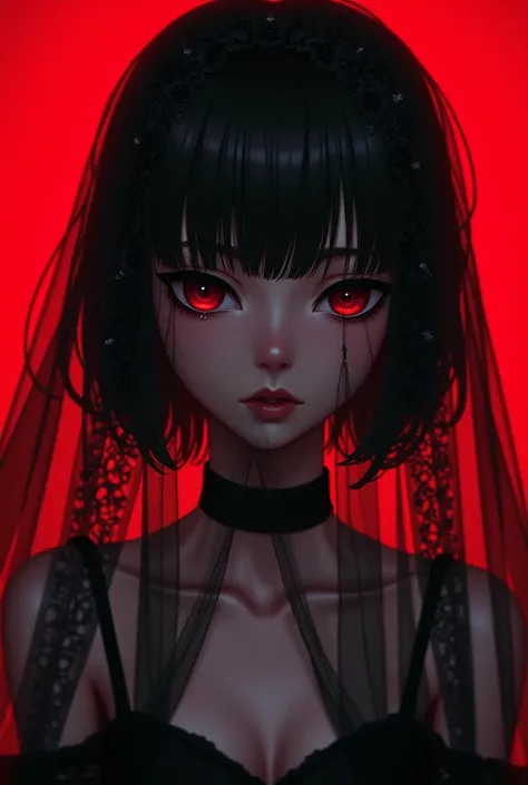 Black lace anime veil girl with dark skin on red background 