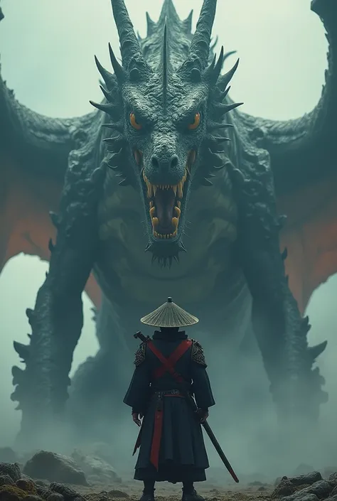 Give me a man with a samurai sword block hood a a Japanese hat and he is fighting a dragon it's more bigger than him he is 1 inch a size of the dragon