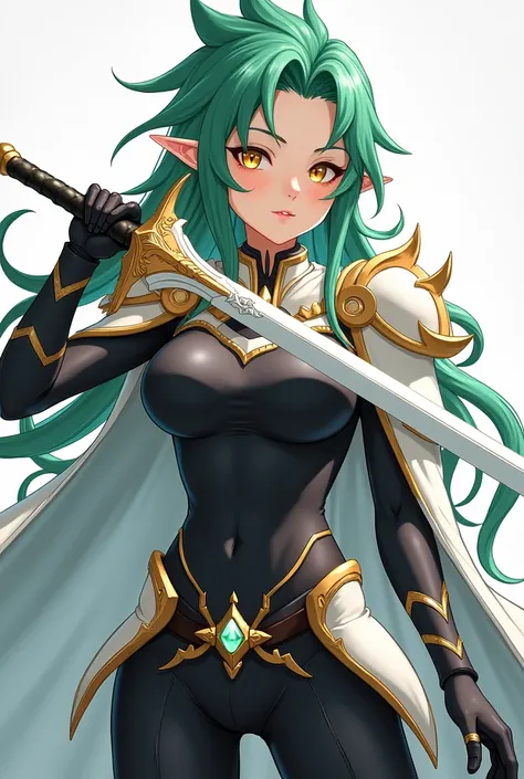 ( artwork ,  top quality,  league player ,  official art ,  beautiful and aesthetic  :1.2)  female, Elfa from anime, long green spiked hair,  golden eyes,  white and gold armor, wearing white cape, black and gold , black t-shirt and pants ,  wielding a whi...