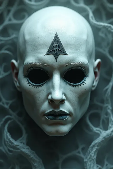 White mask with a three pointed pattern in the forehead