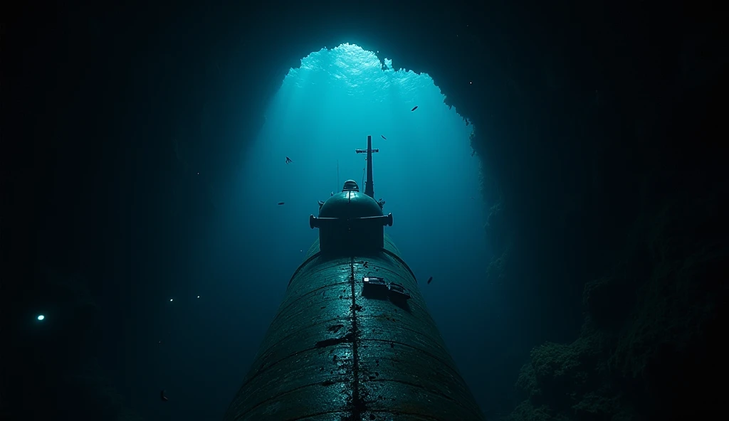 deep-sea scene inside the Mariana Trench, where a submarine is facing immense water pressure. The submarine’s metal hull is visibly under stress as it descends further into the trench. It is surrounded by dark waters, with faint bioluminescent sea creature...