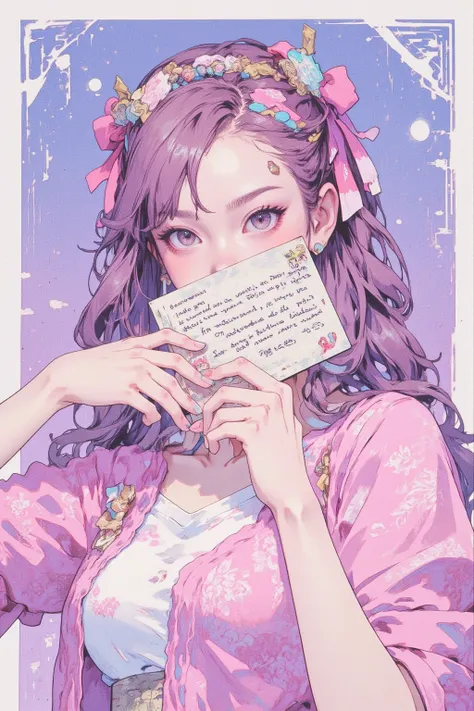   anime girl hiding her mouth with a decorated letter,Decora style illustration, soft anime illustration ,letter-themed girl , anime girl holding a letter  ,Cute aesthetics,  pastel goth style  ,   anime atmosphere  , anime style, Lisa Frank &  Murase Sho'...