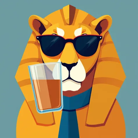 Digital minimalist art logo style, quarters view, egypt lion sphinx, wearing sunglasses and golden and blue scarf, drinking a large transparent plastic whiskey cup, face closeup, flat colors