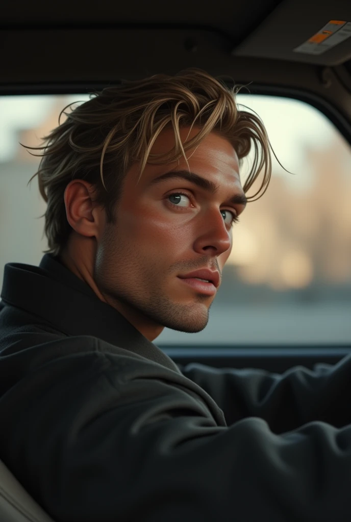 A handsome guy in a side profile with blonde hair with little strands of hair covering his forehead, he has a defined jawline, he should be wearing a jacket, hes driving a car, he should have a very crazed look on his face