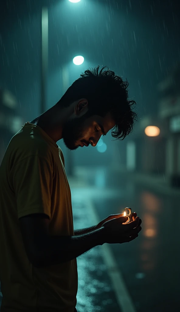 this indian young man stands alone under the streetlights at night, his head lowered as he clutches a small ring box. His face is partially shadowed, emphasizing his pain and sorrow. Raindrops begin to fall, adding to the melancholic and cinematic feel. Th...