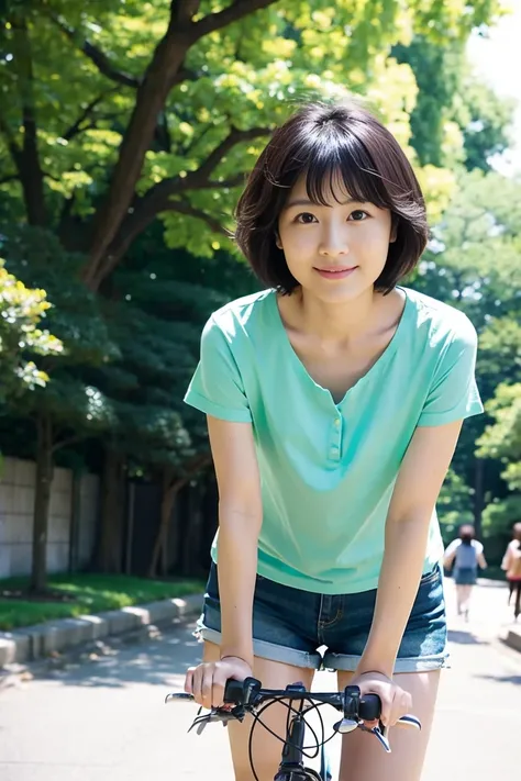 35 year old Japanese woman with short black hair、Open chest shirt and miniskirt、 in the park、Riding a bike