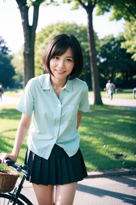 35 year old Japanese woman with short black hair、Open chest shirt and miniskirt、 in the park、Riding a bike