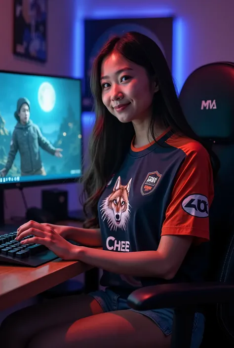 Create A Real Asian healthy fat girl sitting on her gaming chair beside of her gaming Desktop, and her desktop screen wallpaper is a game call of duty, and she wearing a small short and clothes of Esport jersey with a print of Logo of wolf in the center an...