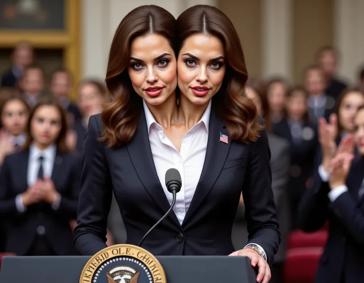 realistic face two headed Angelina Jolie with brown hair and blue eyes a in business suit, us president, very fit, two heads, conjoined twins, white polo shirt, big boobs, speaking at podium, podium with potus seal, inaguration, us capitol, us flag pin on ...
