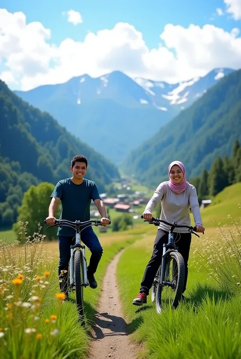   Extreme Close up real photo of Young Indonesian couple, a 20 year young man wearing casual clothes and a beautiful woman wearing a hijab and casual clothes, they are both posing on their respective bicycles while their feet are on the ground,  their loca...