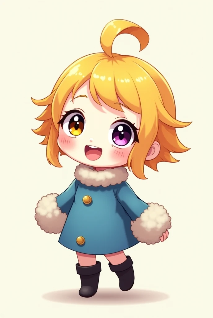 A girl with chibi-style blond hair and with one eye purple and the other gold and black irises and her skin color white and in a blue dress and warmers with black boots and laughing