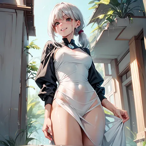 1 girl about 、 short ponytail with silver hair、White see-through dress、 Super Skinny、 big ass、 holding chest 、 shy laugh、Narrow-eyed 、 angle above thigh、 high quality、 HD、 Shrine grounds、 wet in the rain