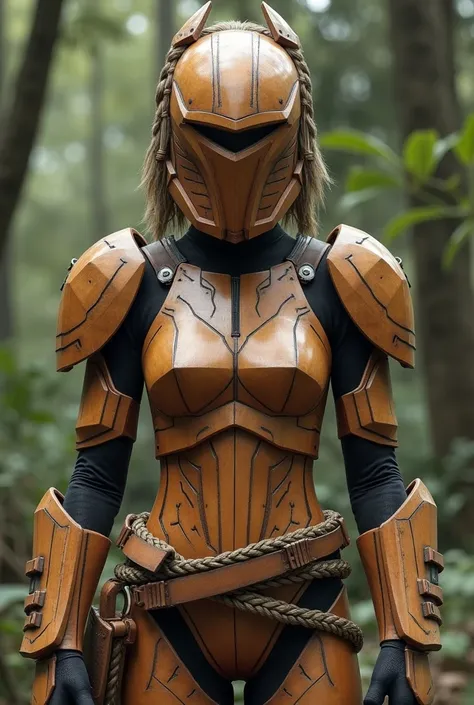 Female stormtrooper (Star Wars), armored leotard, wearing wood helmet, wood armor