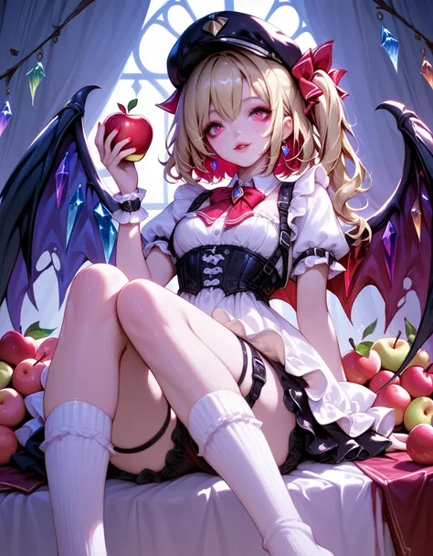 1girl, solo, flandre scarlet, wings, apple, hat, fruit, food, blonde hair, red eyes, socks, underwear, bloomers, side ponytail, wrist cuffs, blood, white socks, holding fruit, ribbon, hat ribbon, holding food 