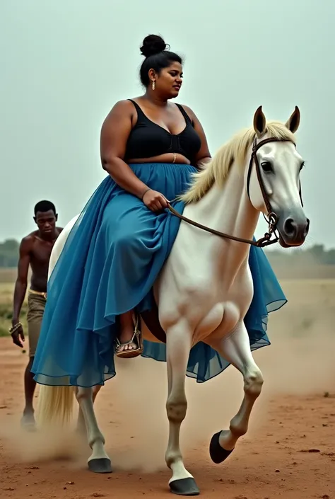 Curvy plus size dusky indian woman is wearing a silky blue transparent short lehenga and a black sleeveless choli. Her hair is tied in a bun and she is wearing stilletos. She is riding on the back of a white horse with both her legs on one side of the hors...