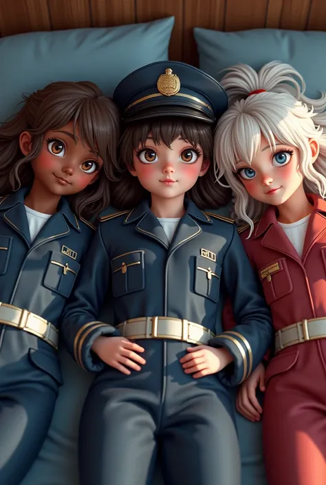  Three hot girls lying in bed looking at the camera .  A girl in a welding suit ,  brown skin, short,  chubby and sweaty and welding mask . Another white girl , high,  wavy jet hair and police suit with a hat based on dark navy blue and white lines.  And f...