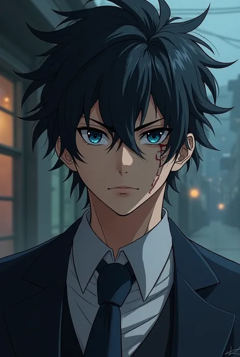 Create an anime character with messy American black hair, with him wearing a suit and dark blue eye color with a deep scar on his left eye with him being a bit strong 