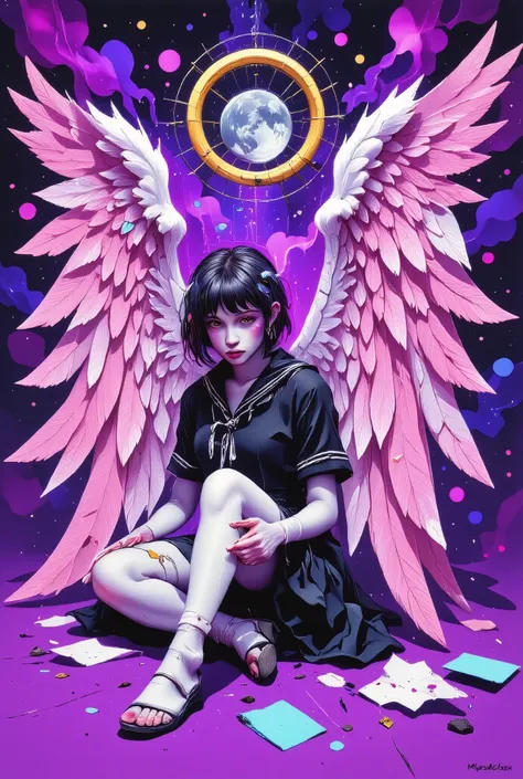 Black Hair,short hair,black eye,Angel's wing,Black clothes,Gender unknown,Expressionless,The lines are a little rough, best quality, masterpiece, 748cmstyle, A high school girl in a Japanese sailor uniform sitting like "The Thinker," facing left. (She ...