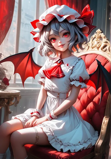 1girl, remilia scarlet, solo, hat, wings, bat wings, red eyes, sitting, wrist cuffs, looking at viewer, short hair, dress, smile, jewelry, ribbon, blood, ascot, brooch, hat ribbon, mob cap, curtains, chair, short sleeves, puffy sleeves 