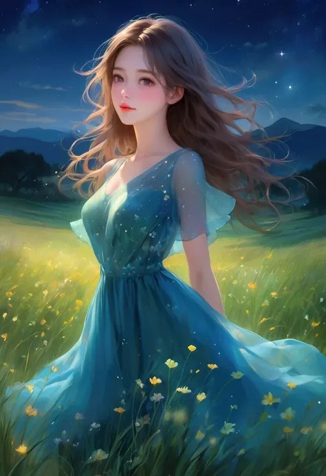  beautiful girl、Cute Face、Precision drawing、Beautiful body style、Blue see-through dress、Grassland with wild flowers blooming 、 night sky with beautiful stars visible 、beautiful illustrated art including a large green tree 、Surrounded by beautiful nature、 v...