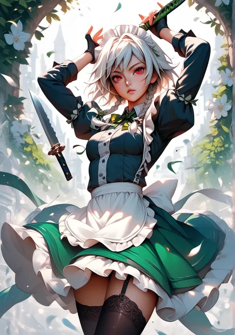 1girl, solo, izayoi sakuya, white hair, red eyes, knife, braid, flower, maid headdress, twin braids, fingerless gloves, thighhighs, skirt, gloves, short hair, black thighhighs, arms up, striped, looking at viewer, alternate costume, shirt, long sleeves 