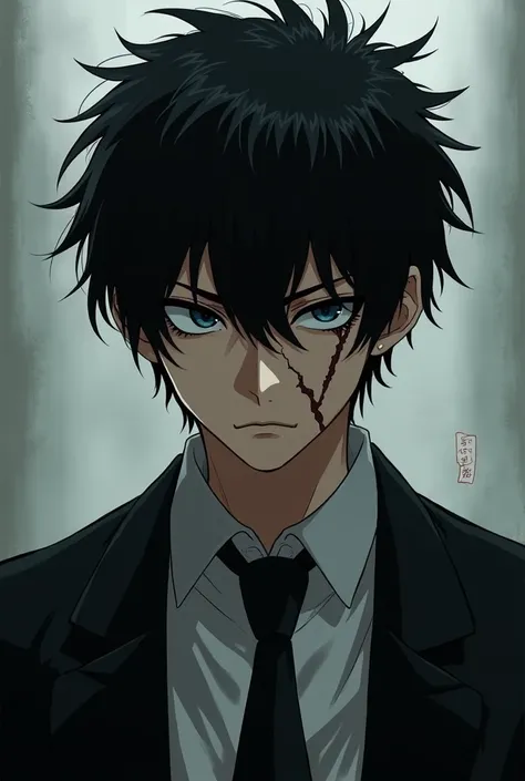 Create an anime character with messy American black hair, with him wearing a suit and dark blue eye color with a deep scar on his left eye with him being a bit strong with him being emo