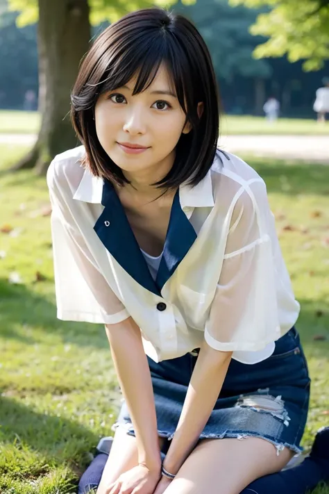 35 year old Japanese woman with short black hair、Open chest shirt and miniskirt、 in the park、sex