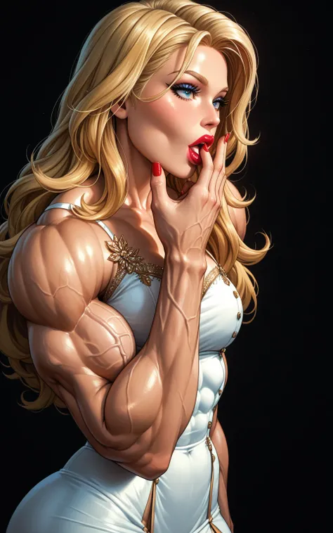 score_9, score_8_up, score_7_up,long blonde hair woman, hhand to mouth, "OMG"-gasp  (large raised pulsating veins blue),   (30 year old muse_elegant_muse eyeloner) long blonde hair  down to ass(legs_pumped_vascular_biceps_muscles_huge tits_bigarms), naked,...