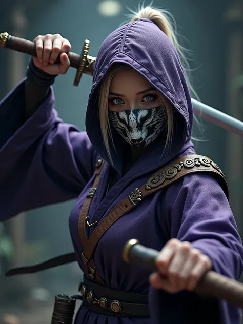 Blonde Asian female. Icey blue eyes. ninja, hood, violet and midnight outfit. Mask half white half black Wolf with gold and silver. Short wooden carved ninja sword.
Reference only