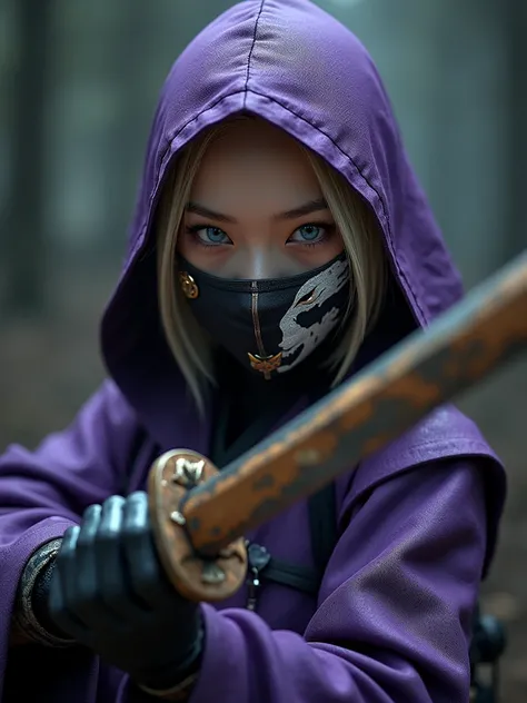 Blonde Asian female. Icey blue eyes. ninja, hood, violet and midnight outfit. Mask half white half black Wolf with gold and silver. Short wooden carved ninja sword.
Reference only