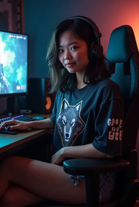 Create A Real Asian healthy fat girl sitting on her gaming chair beside of her gaming Desktop, and her desktop screen wallpaper is a game call of duty, and she wearing a small short jeans and clothes of Esport jersey with a print of Logo of wolf in the cen...