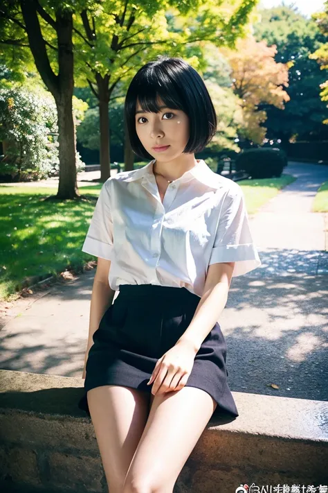 35 year old Japanese woman with short black hair、Open chest shirt and miniskirt、 in the park、nsfw