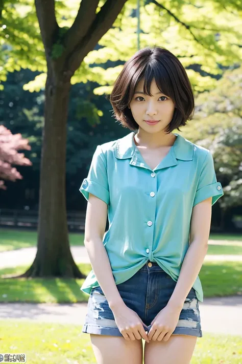 35 year old Japanese woman with short black hair、Open chest shirt and miniskirt、 in the park、nsfw