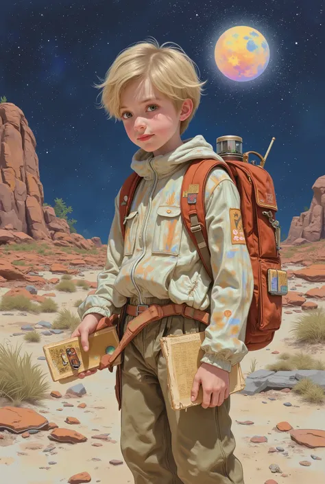 A boy with an attentive eye , as if he were deciphering the mysteries of the universe . messy blond hair , simple clothes with subtle details of cultures and symbols studied in your readings. He carries a backpack , portable scanner and scrawled note...