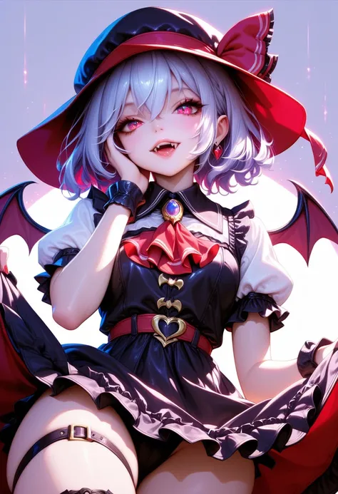 1girl, remilia scarlet, solo, wings, red eyes, hat, bat wings, chain, short hair, ascot, wrist cuffs, open mouth, fangs, ribbon, looking at viewer, blood, jewelry, short sleeves, dress, hat ribbon, puffy sleeves, brooch, slit pupils, hand on own face, skir...