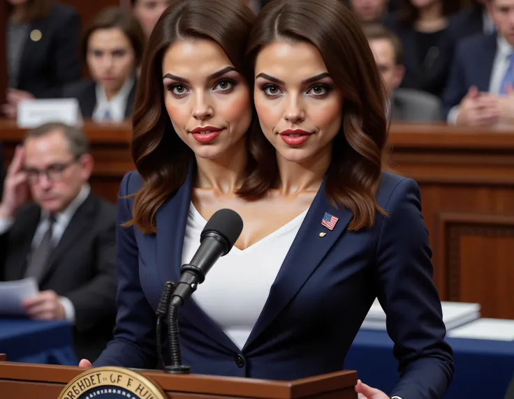 realistic face two headed Alexandra Ocassio-Cortez with brown hair and blue eyes a in business suit, us president, very fit, two heads, conjoined twins, white polo shirt, big boobs, speaking at podium, podium with potus seal, inaguration, us capitol, us fl...