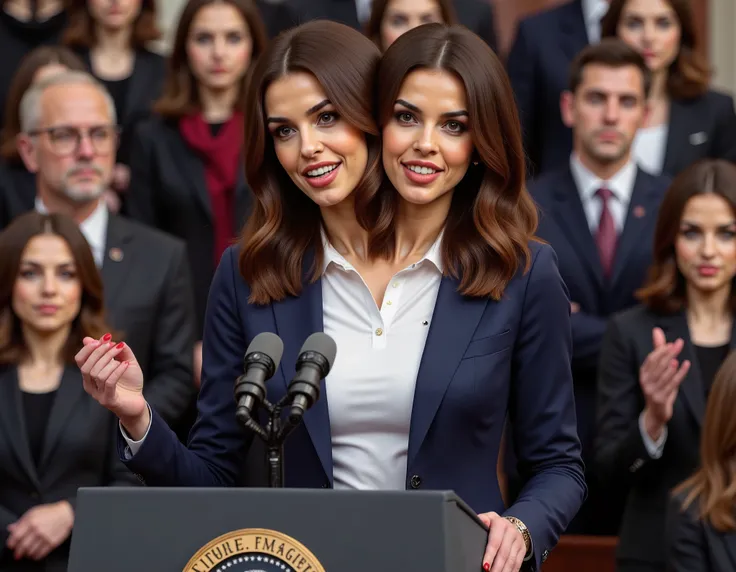 realistic face two headed Alexandra Ocassio-Cortez with brown hair and blue eyes a in business suit, us president, very fit, two heads, conjoined twins, white polo shirt, big boobs, speaking at podium, podium with potus seal, inaguration, us capitol, us fl...