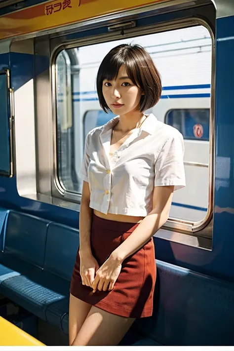 35-year-old Japanese woman with small breasts and short black hair、Open chest shirt and miniskirt、By train