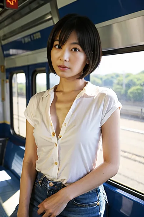 35-year-old Japanese woman with small breasts and short black hair、Open chest shirt and miniskirt、By train