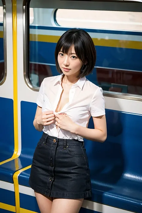 nsfw、35-year-old Japanese woman with small breasts and short black hair、Open chest shirt and miniskirt、By train