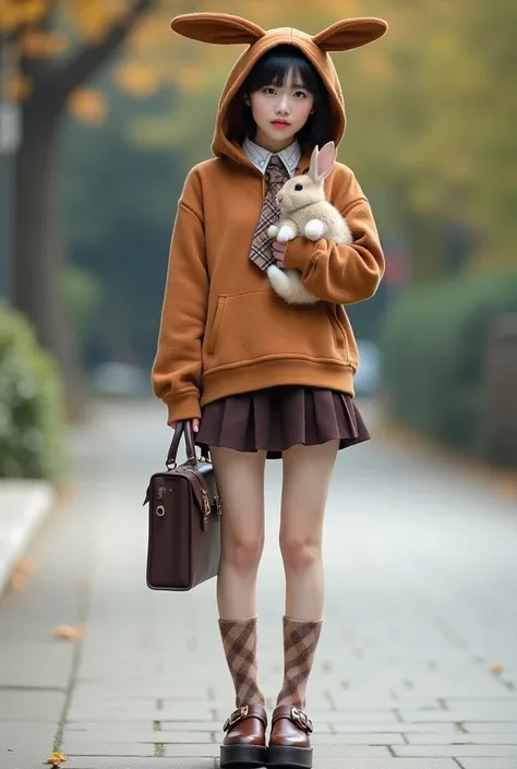 portrait A beautiful Korean female model with a casual and cute fashion style standing outdoors with a bokeh effect. She is wearing an oversized brown fleece hoodie with a unique design, where the hood has two very long parts resembling the ears of the rab...