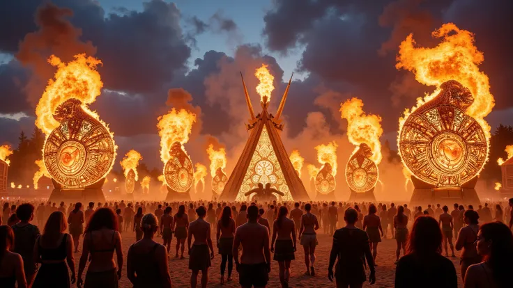 A Cinnematic Photo of a dramatic outdoor festival setting with vibrant natural light, elaborate fire sculptures, and intricate Viking designs that evoke ancient mystique and modern innovation at UP HELLY AA, hyper-realistic, 4k, highly detailed ,stylize 70...